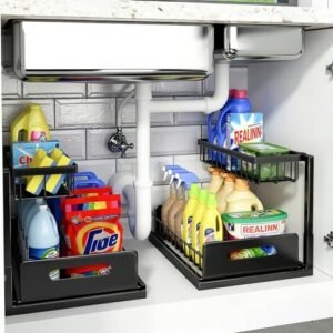 - REALINN Under Sink Organizer, L-Shaped 2 Tier Pull Out